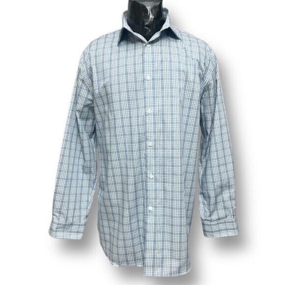Michael Kors 17.5 32/33 Blue Plaid Stretch Cotton Dress Shirt Button-Up Classic - Picture 1 of 8
